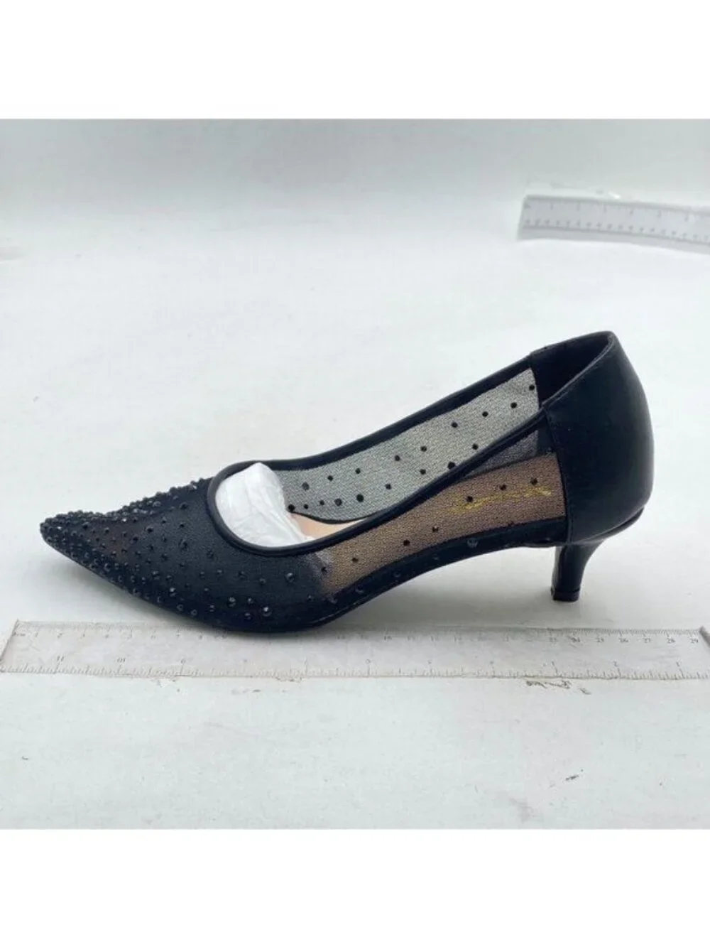 XYD Women's Pointed Closed Toe Slip On Graceful Mesh Pumps with Rhinestone Studs